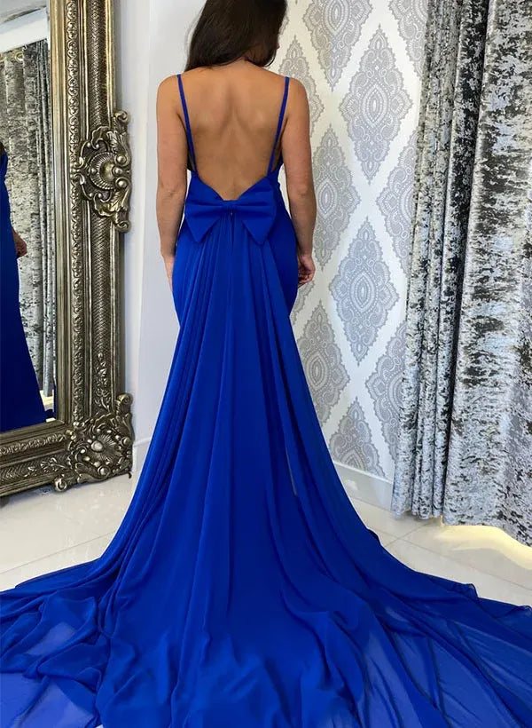 Stunning Mermaid V-Neck Spaghetti Strap Bow Backless Royal Blue Prom Dress With Train