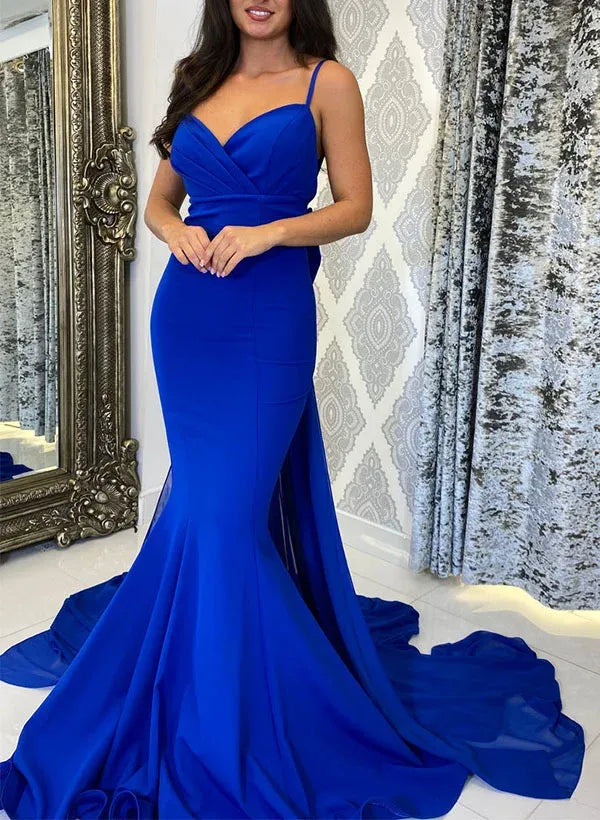 Stunning Mermaid V-Neck Spaghetti Strap Bow Backless Royal Blue Prom Dress With Train