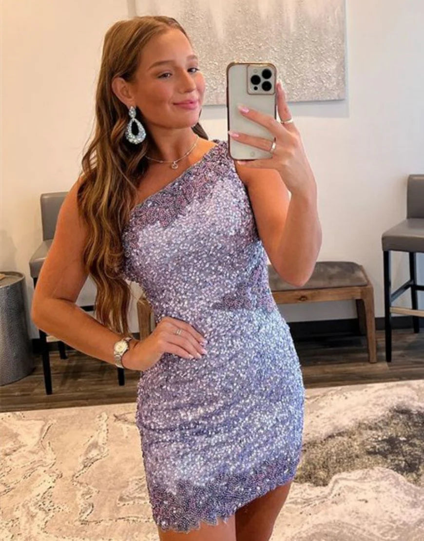 Stunning One Shoulder Glitter Sequin Purple Homecoming Dress With Beaded