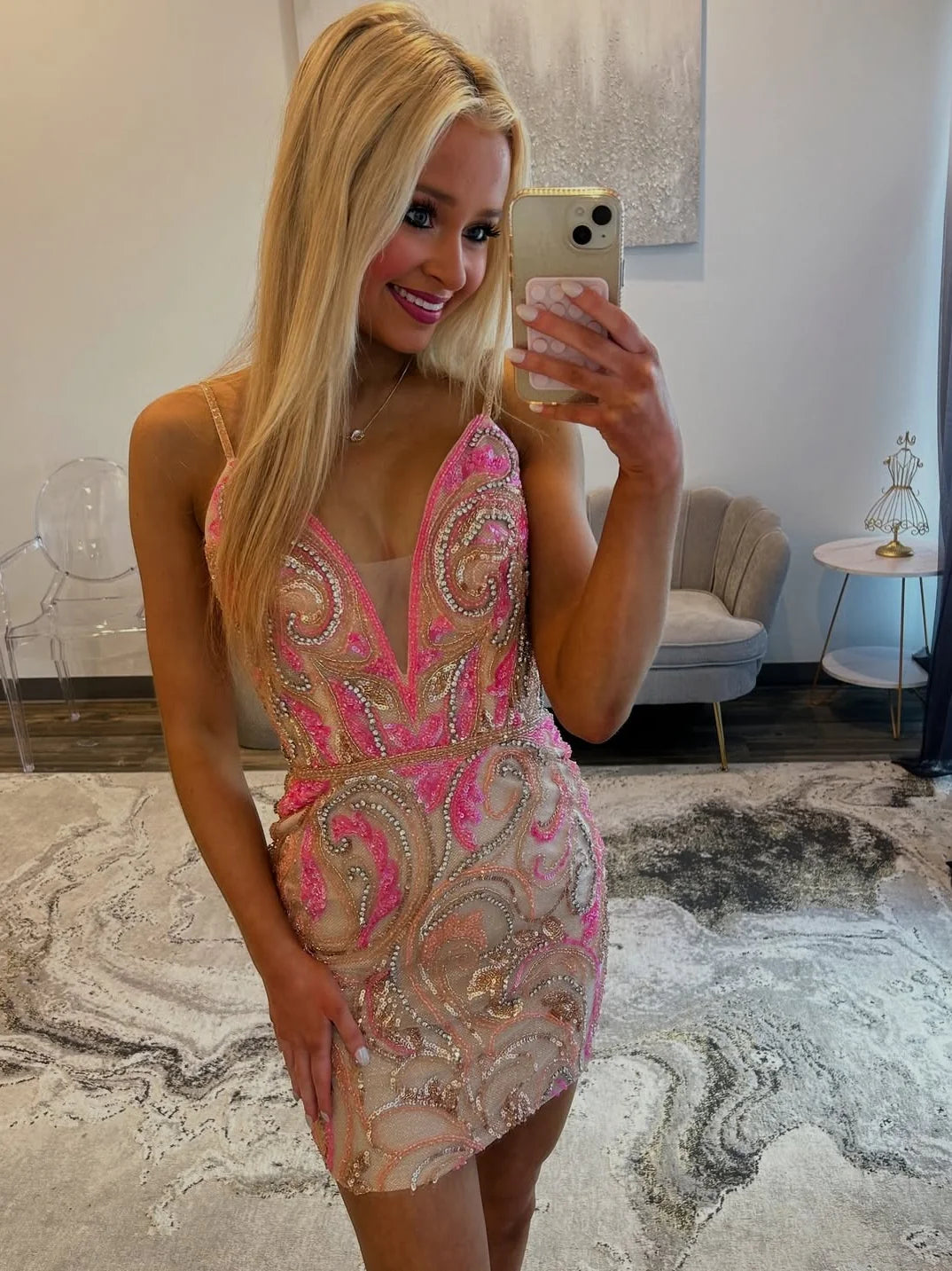 Stunning Spaghetti Straps Sequins Beaded Champagne Short Homecoming Dress
