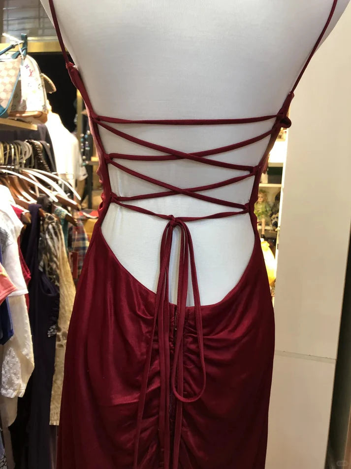 Stunning Spaghetti Straps Rhinestone Backless Satin Burgundy Long Party Dress