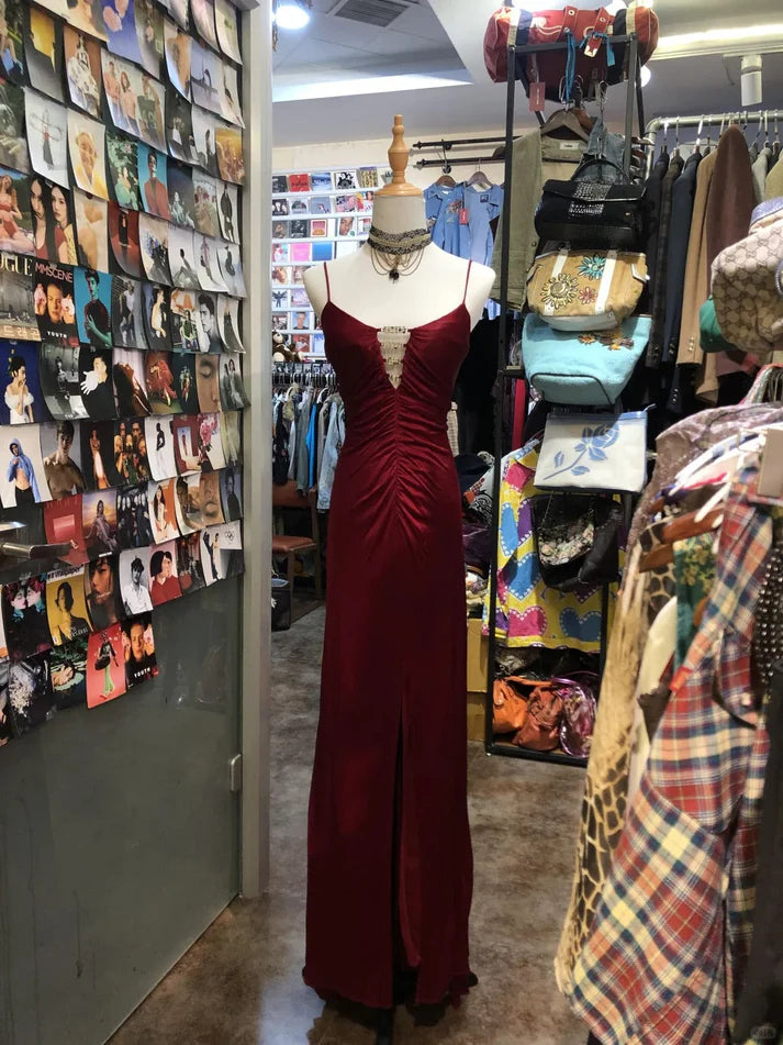 Stunning Spaghetti Straps Rhinestone Backless Satin Burgundy Long Party Dress