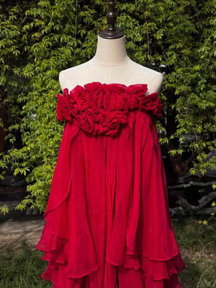Stunning Strapless 3D Floral Chiffon Red Midi Party Dress With Asymmetrical Hem