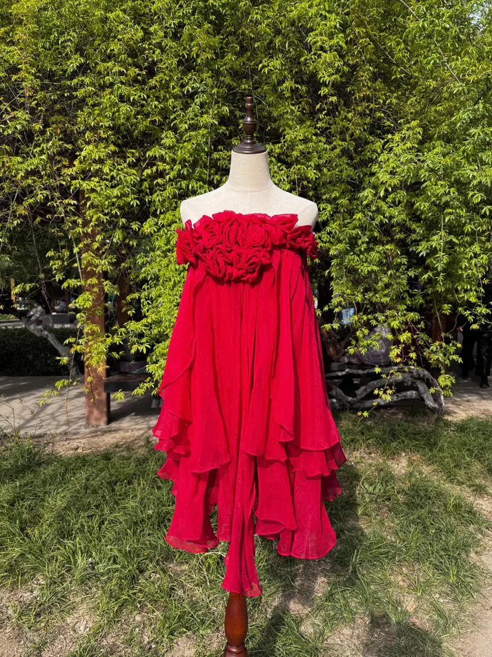 Stunning Strapless 3D Floral Chiffon Red Midi Party Dress With Asymmetrical Hem