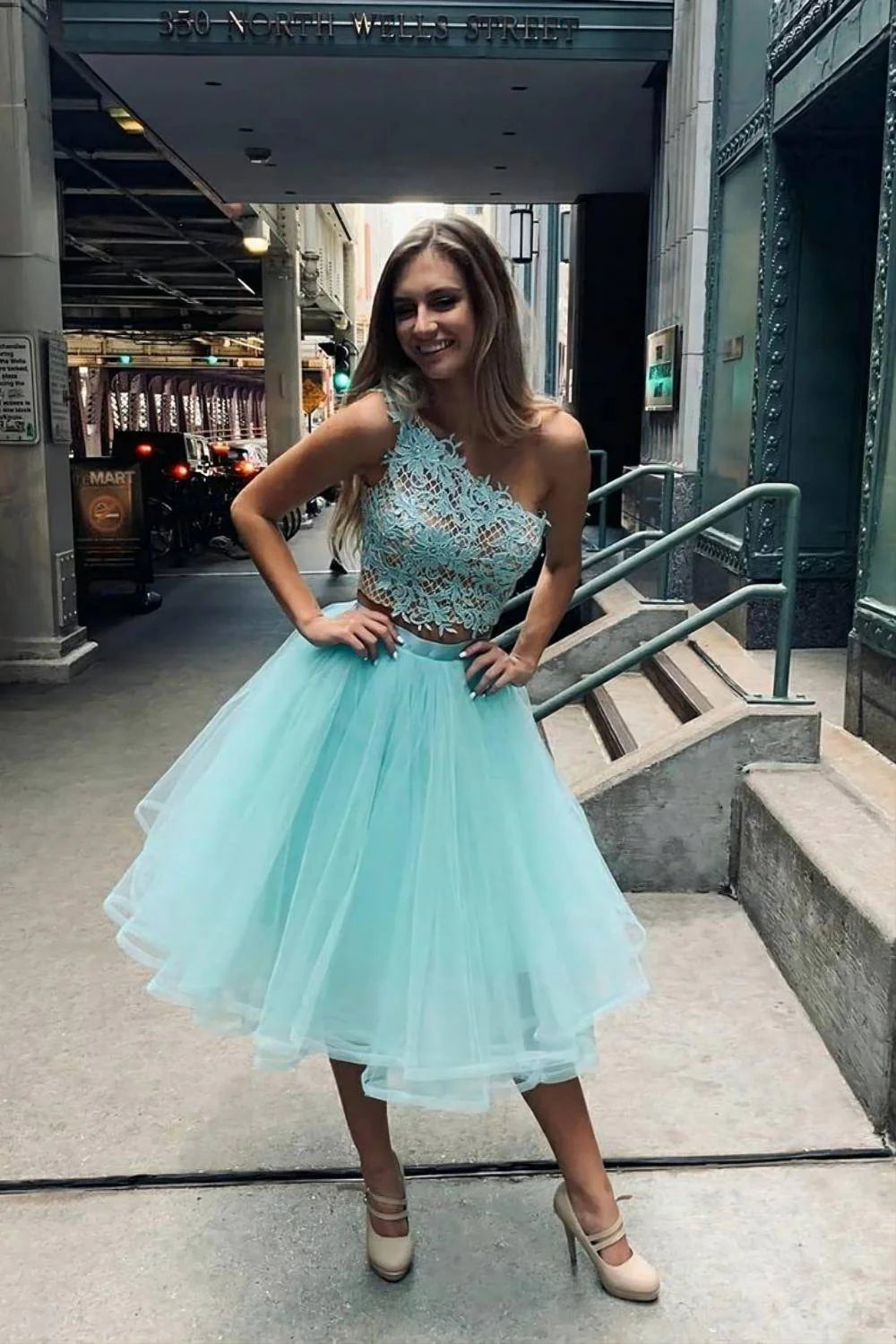 Stunning Two-piece One Shoulder Mint Homecoming Dress With Applique