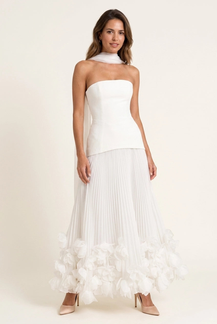 Stunning A-Line Strapless Pleated 3D Floral Ivory Floor-Length Prom Dress With Scarf