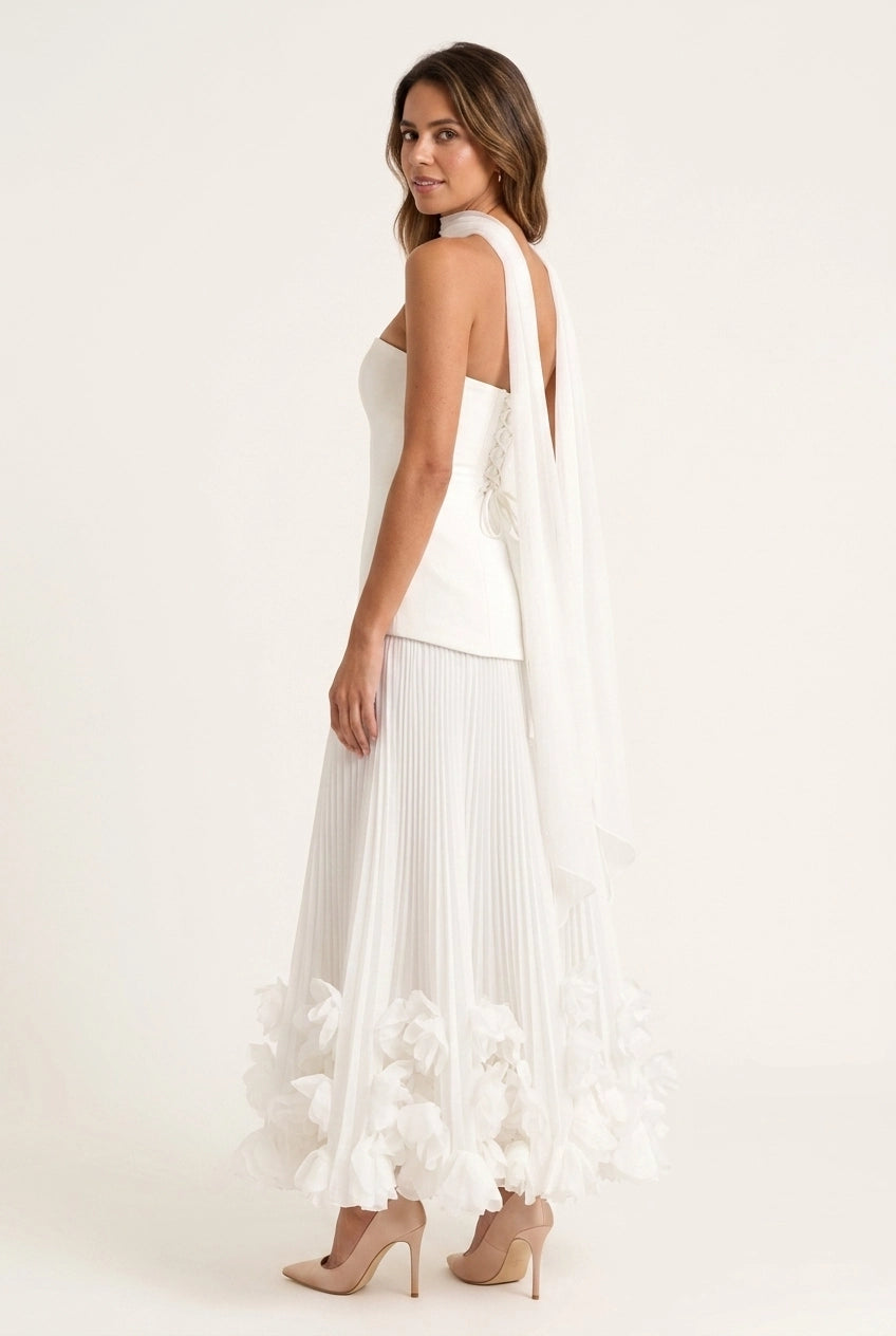 Stunning A-Line Strapless Pleated 3D Floral Ivory Floor-Length Prom Dress With Scarf