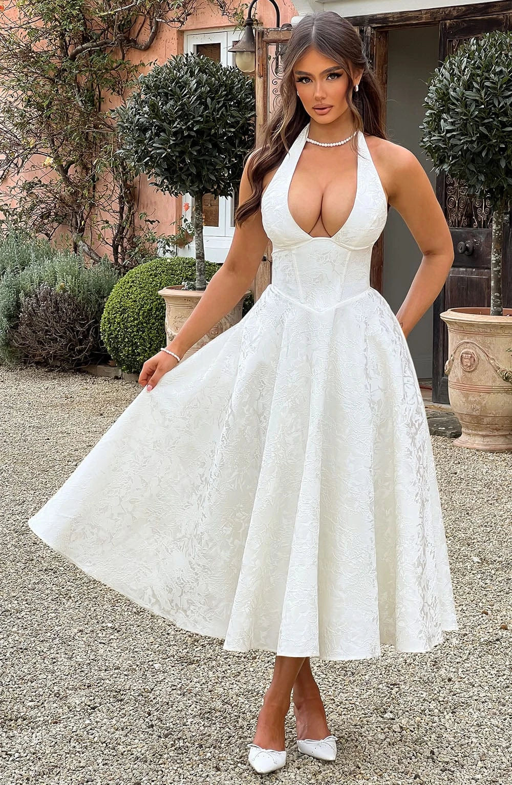 Stunning Deep-V Halter Tie Corset Lace Up Jacquard Ivory Tea-Length Prom Dress