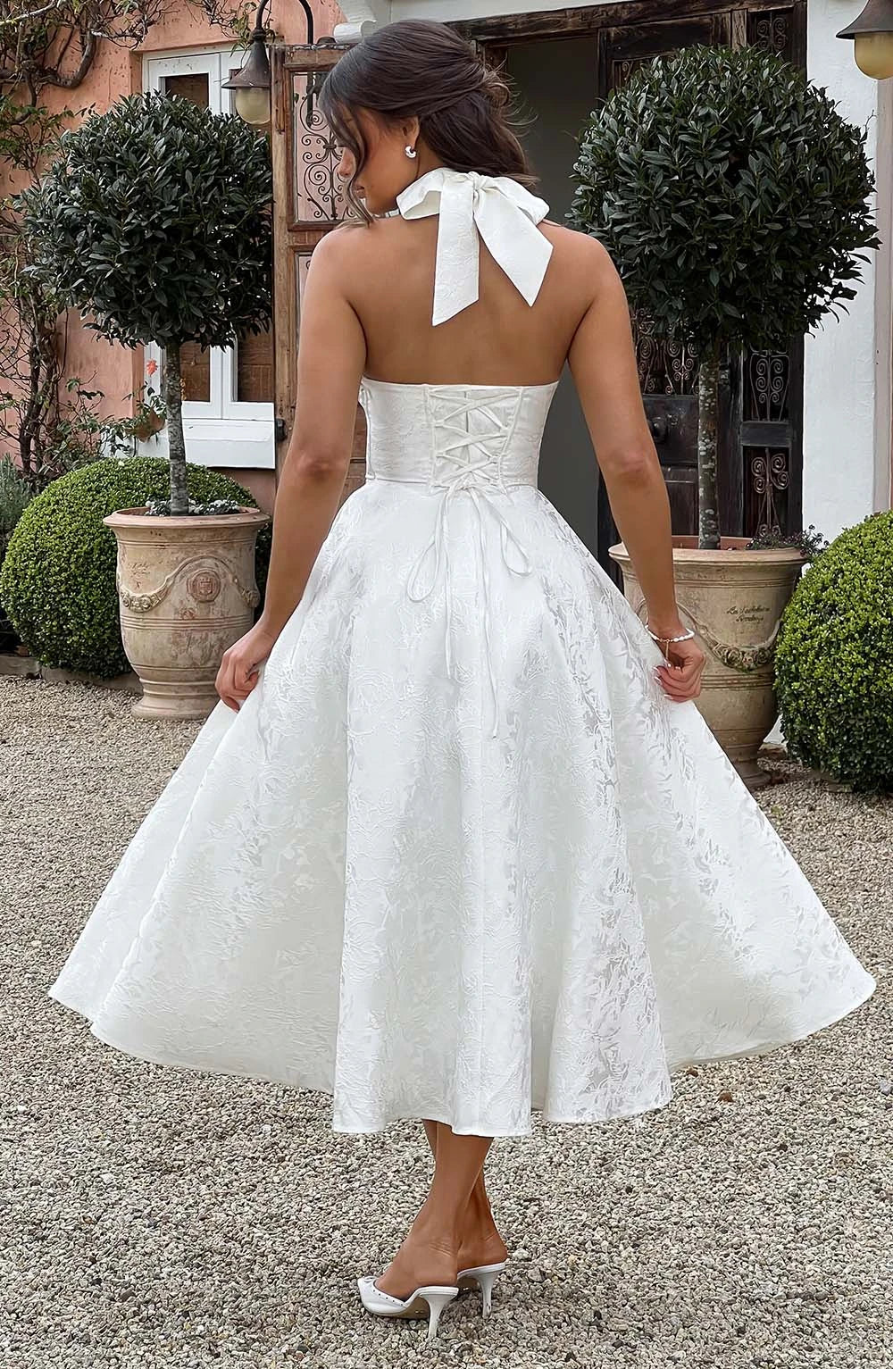 Stunning Deep-V Halter Tie Corset Lace Up Jacquard Ivory Tea-Length Prom Dress