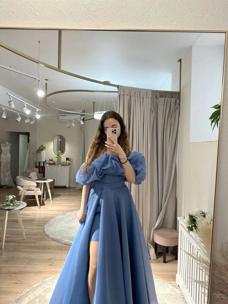 Stylish A-Line Off-Shoulder Puff Sleeves Organza Dusty Blue Long Prom Dress