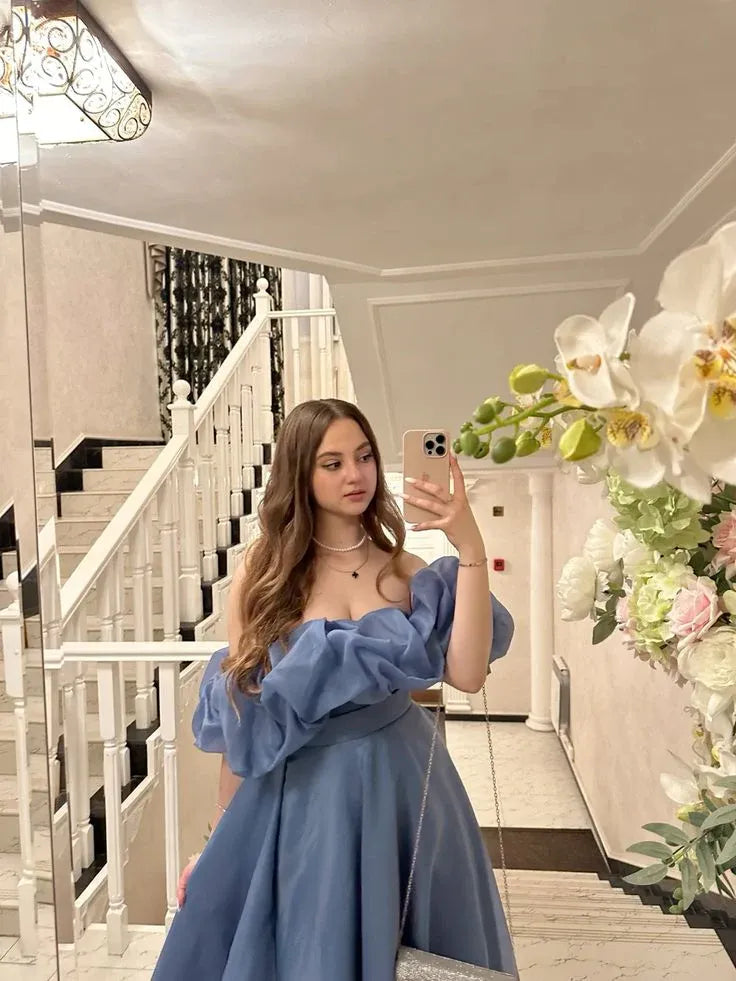 Stylish A-Line Off-Shoulder Puff Sleeves Organza Dusty Blue Long Prom Dress