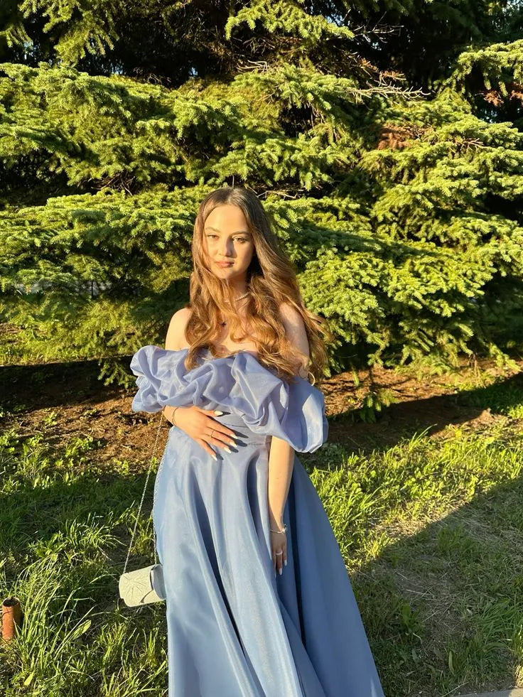 Stylish A-Line Off-Shoulder Puff Sleeves Organza Dusty Blue Long Prom Dress
