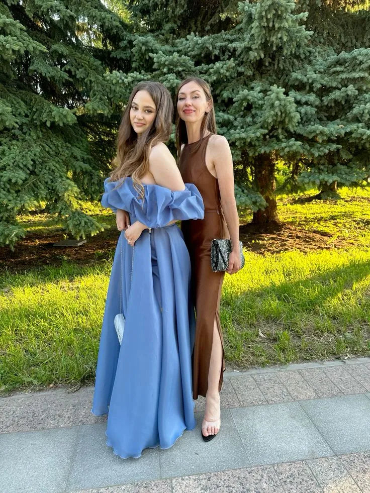 Stylish A-Line Off-Shoulder Puff Sleeves Organza Dusty Blue Long Prom Dress