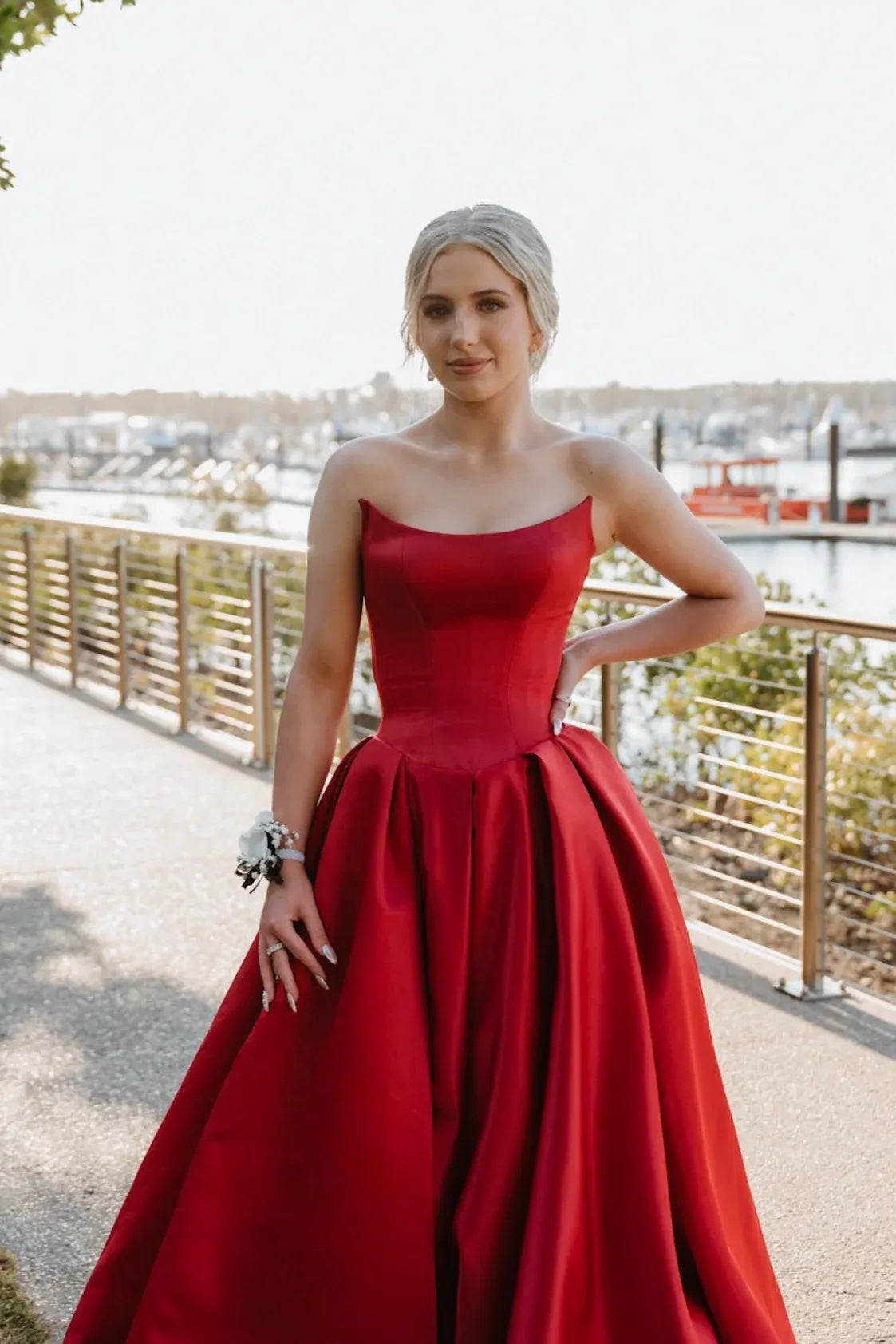 Stylish A-line Strapless Sleeveless Slit Satin Floor-Length Prom Dress