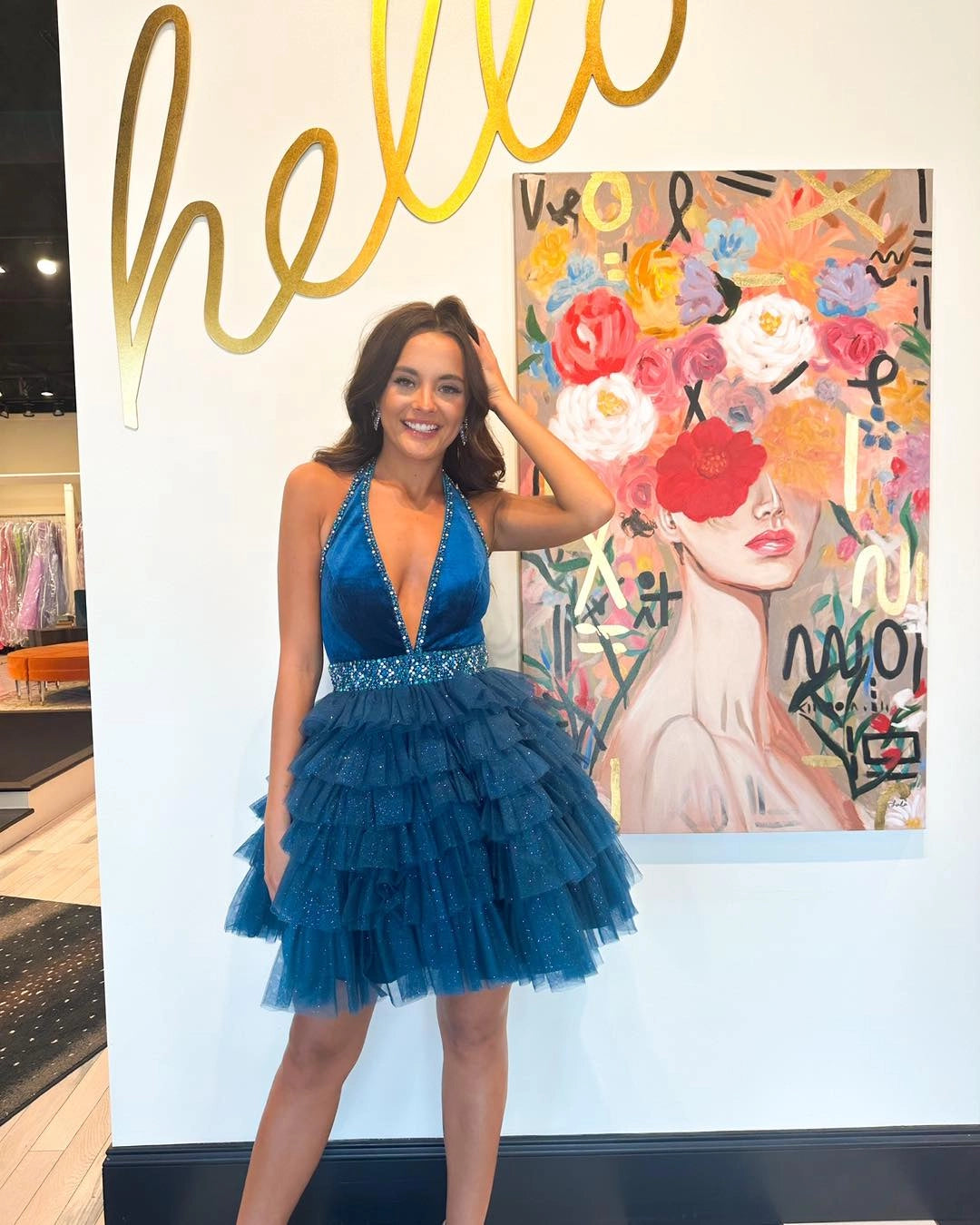 Stylish A Line Halter Neck Beaded Ruffles Tiered Blue Short Homecoming Dress