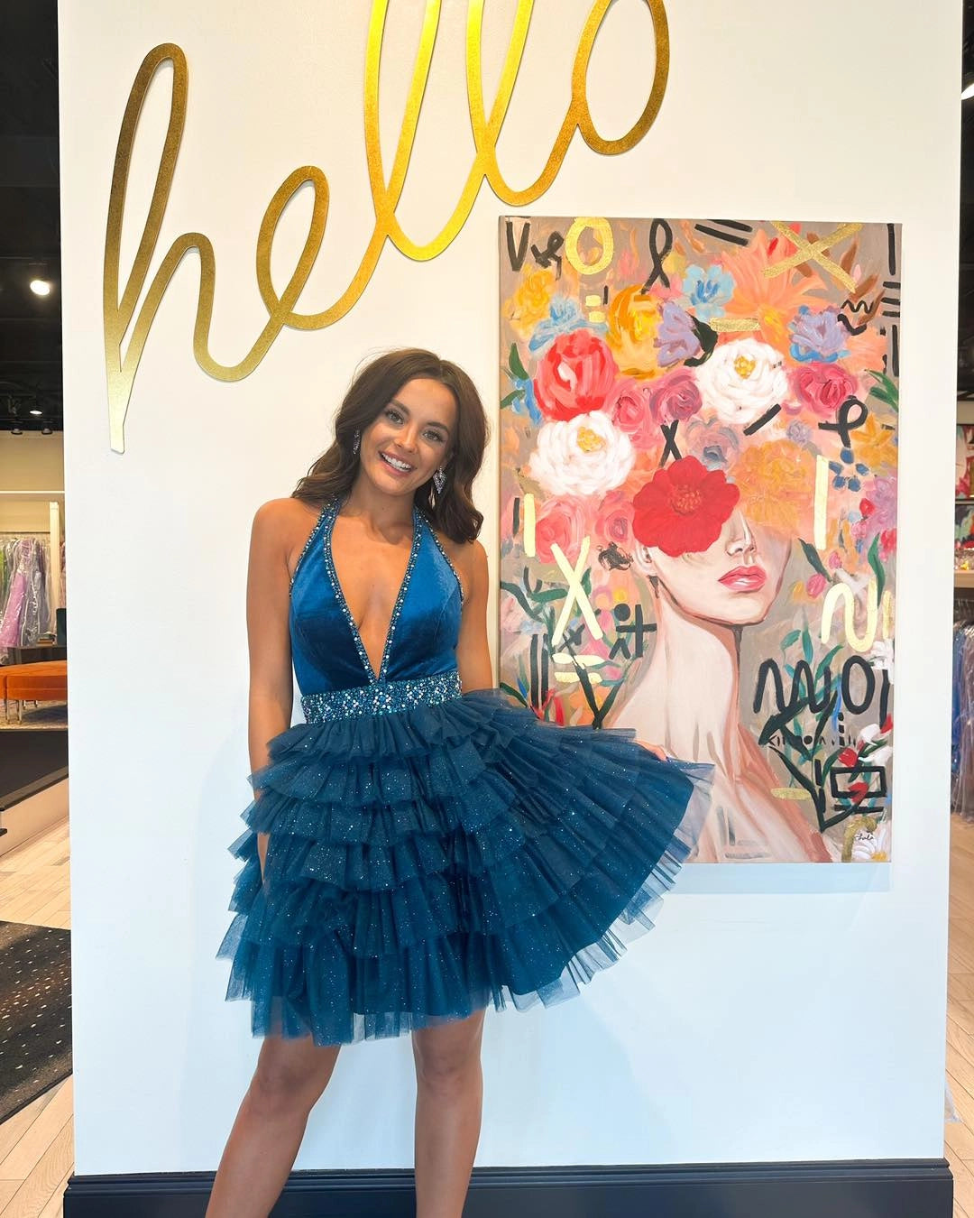 Stylish A Line Halter Neck Beaded Ruffles Tiered Blue Short Homecoming Dress