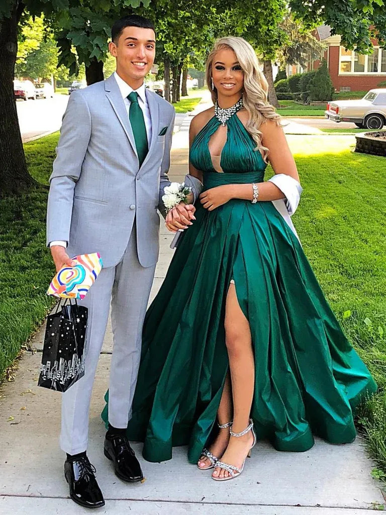 Stylish A Line Halter Neck Beaded Satin Emerald Green Long Prom Dress With Split