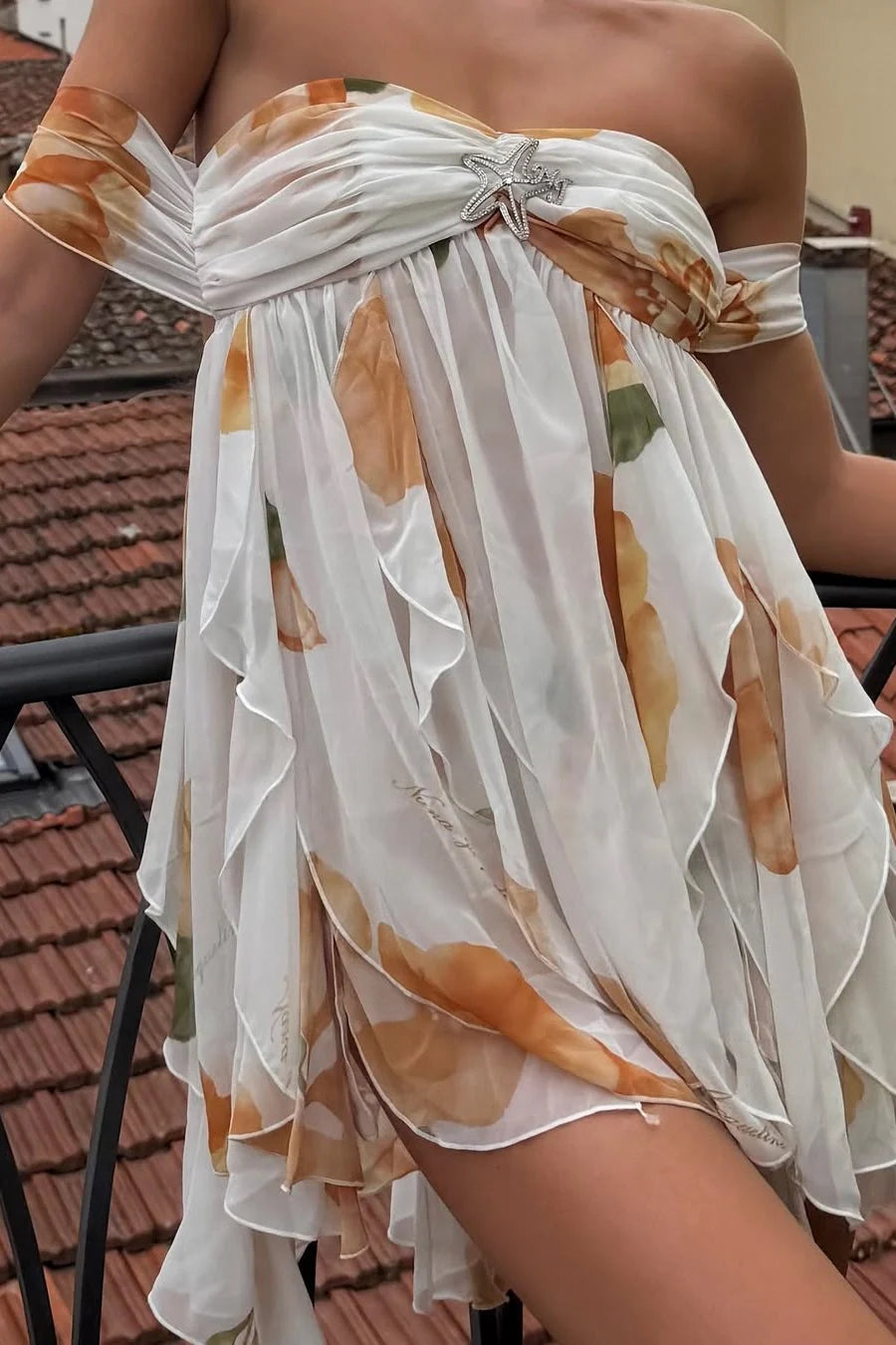 Stylish A Line Off The Shoulder Flower Printed Short Homecoming Dress Party Dress