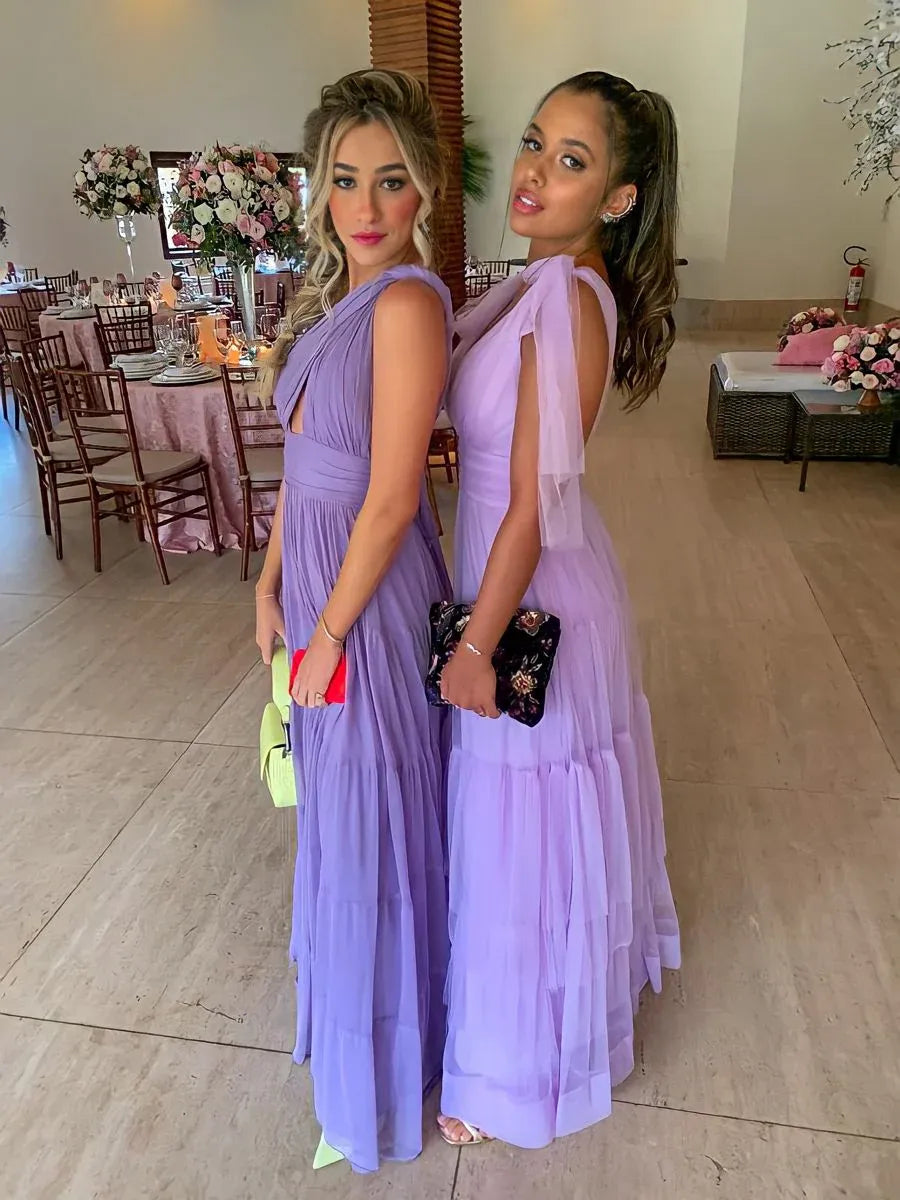 Stylish A Line One Shoulder Tiered Chiffon Purple Floor Length Prom Dress