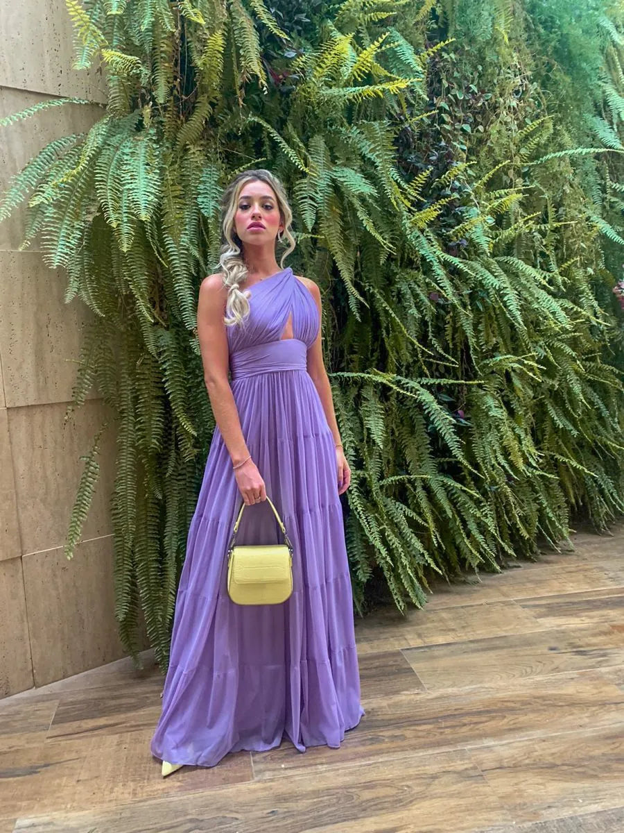 Stylish A Line One Shoulder Tiered Chiffon Purple Floor Length Prom Dress