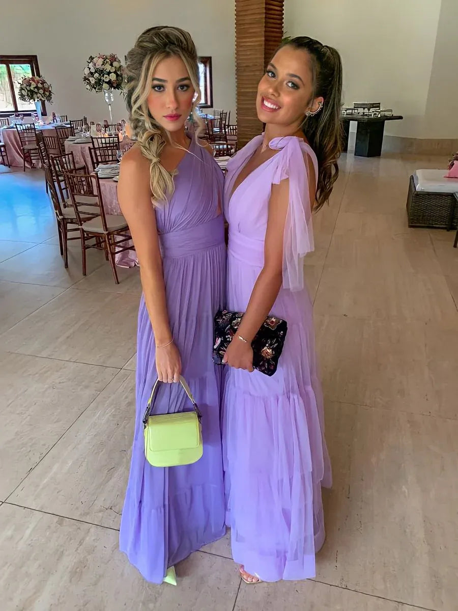 Stylish A Line One Shoulder Tiered Chiffon Purple Floor Length Prom Dress