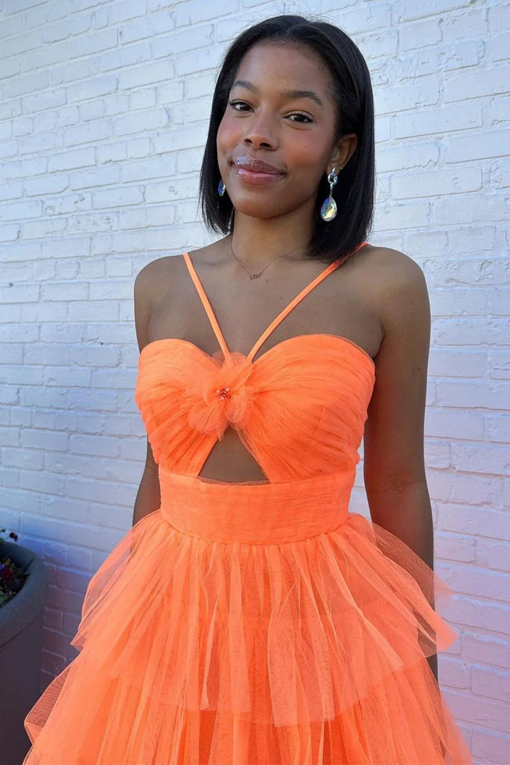 Stylish A Line Spaghetti Straps Ruffles Tiered Orange Long Prom Dress