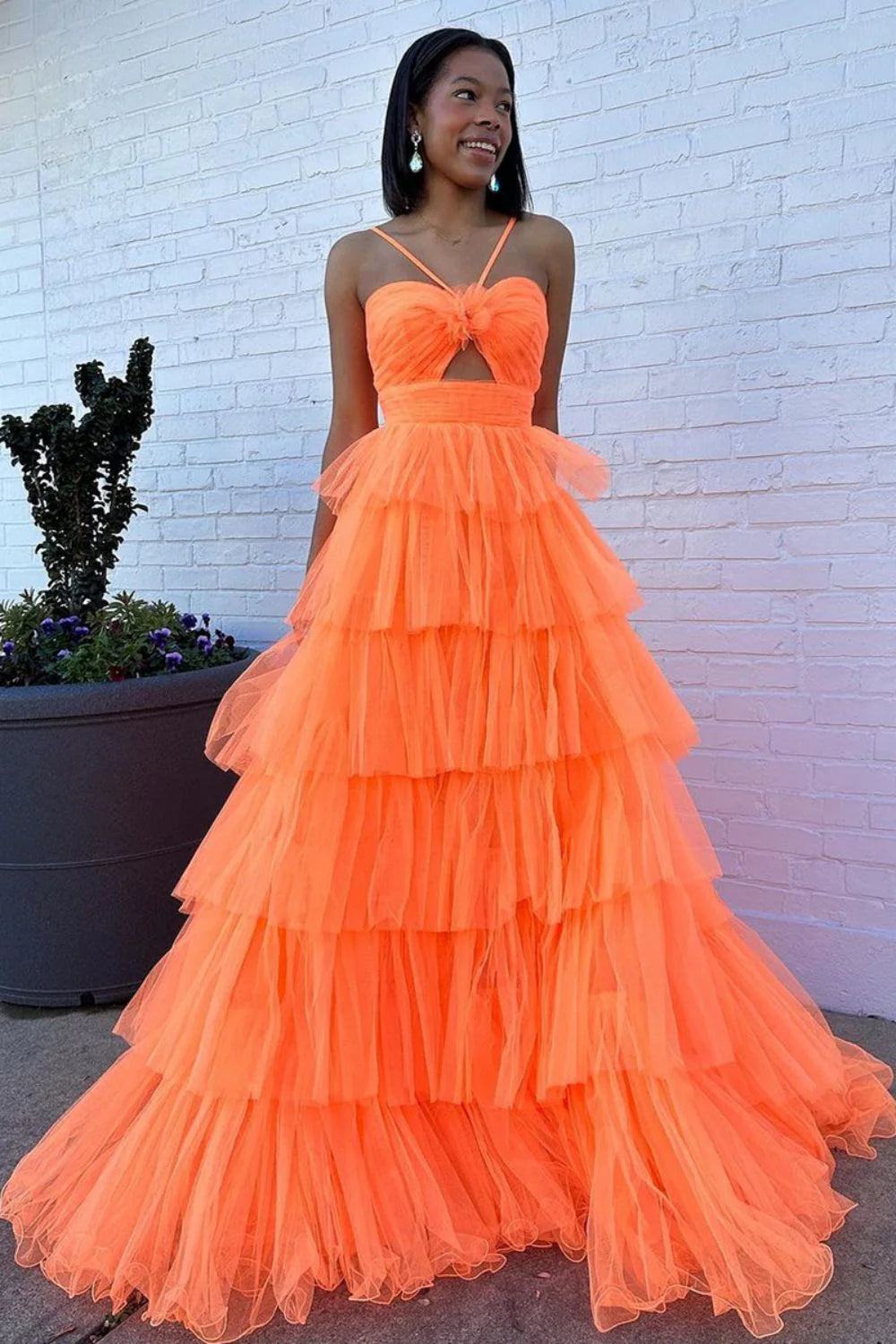Stylish A Line Spaghetti Straps Ruffles Tiered Orange Long Prom Dress