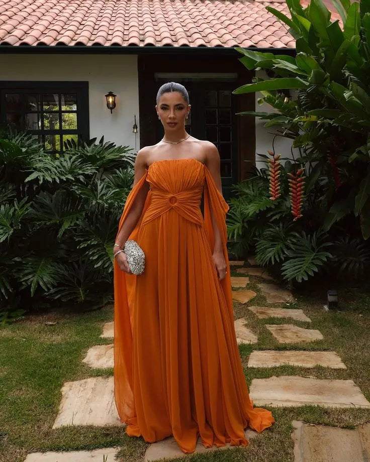 Stylish A Line Strapless Cap Sleeves Ruched Chiffon Orange Floor Length Prom Dress