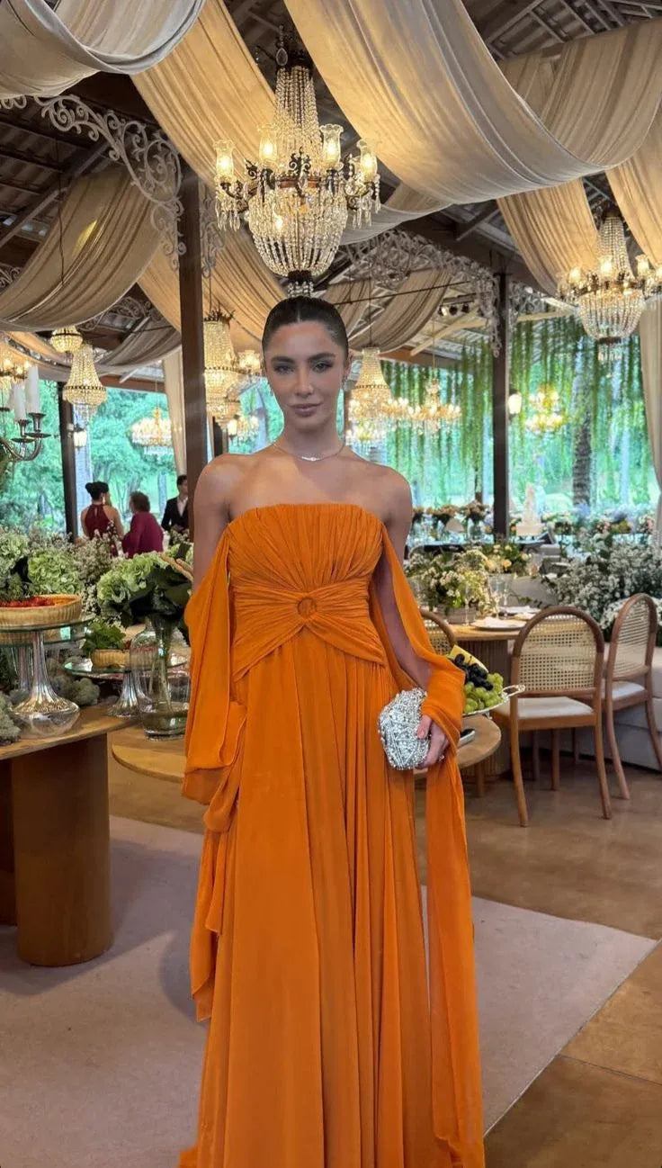 Stylish A Line Strapless Cap Sleeves Ruched Chiffon Orange Floor Length Prom Dress