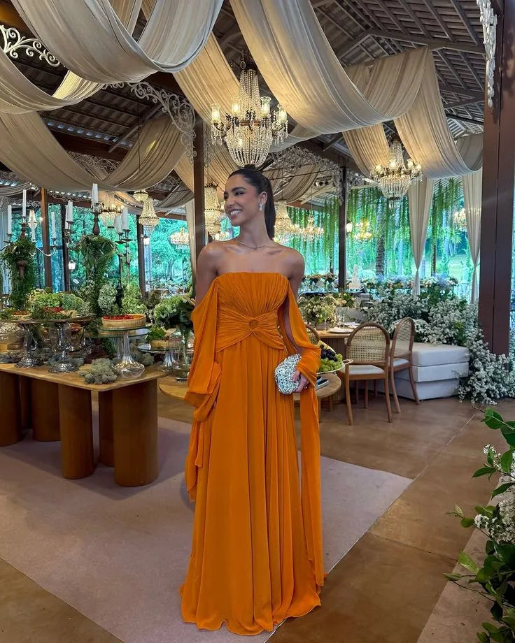 Stylish A Line Strapless Cap Sleeves Ruched Chiffon Orange Floor Length Prom Dress