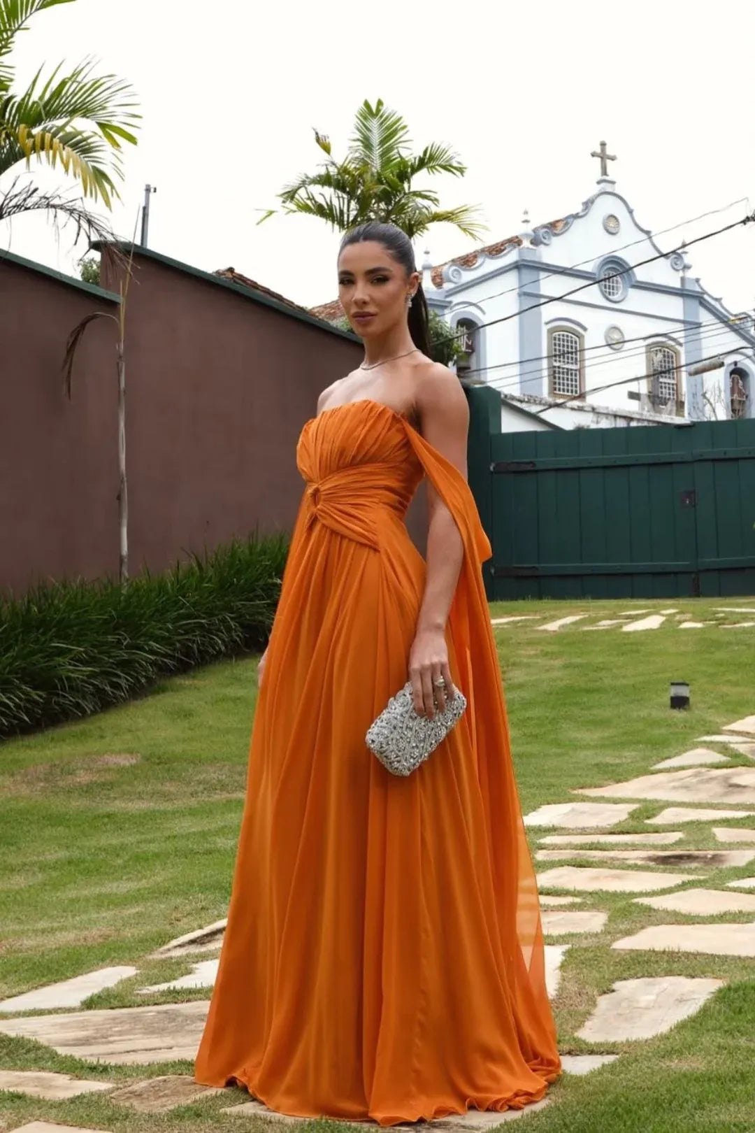 Stylish A Line Strapless Cap Sleeves Ruched Chiffon Orange Floor Length Prom Dress