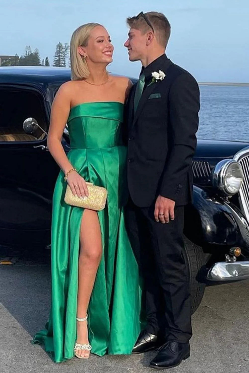 Stylish A Line Strapless Pleated Green Long Evening Dress With Split