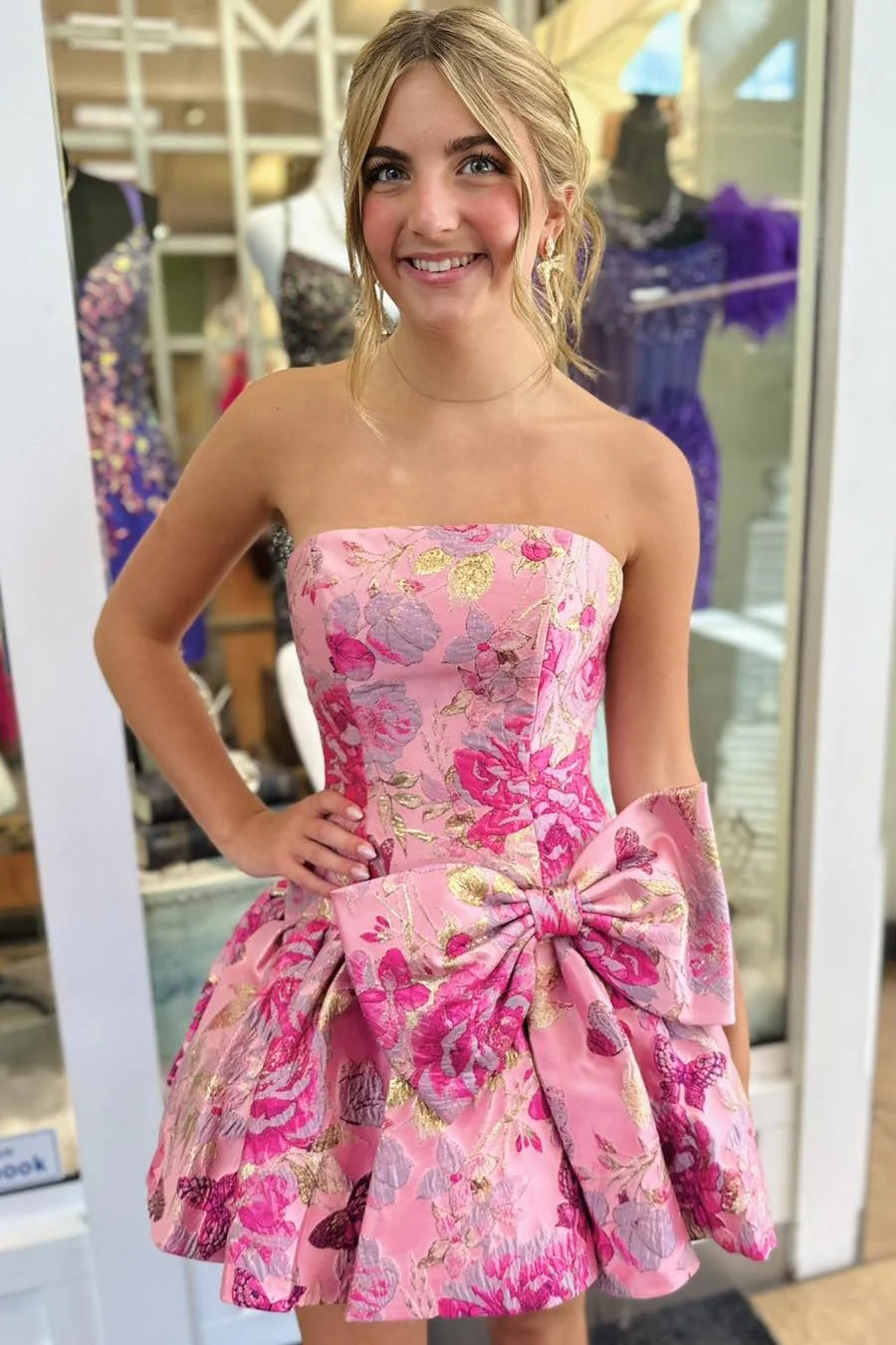 Stylish A Line Strapless Printed Jacquard Grey Blue Short Homecoming Dress