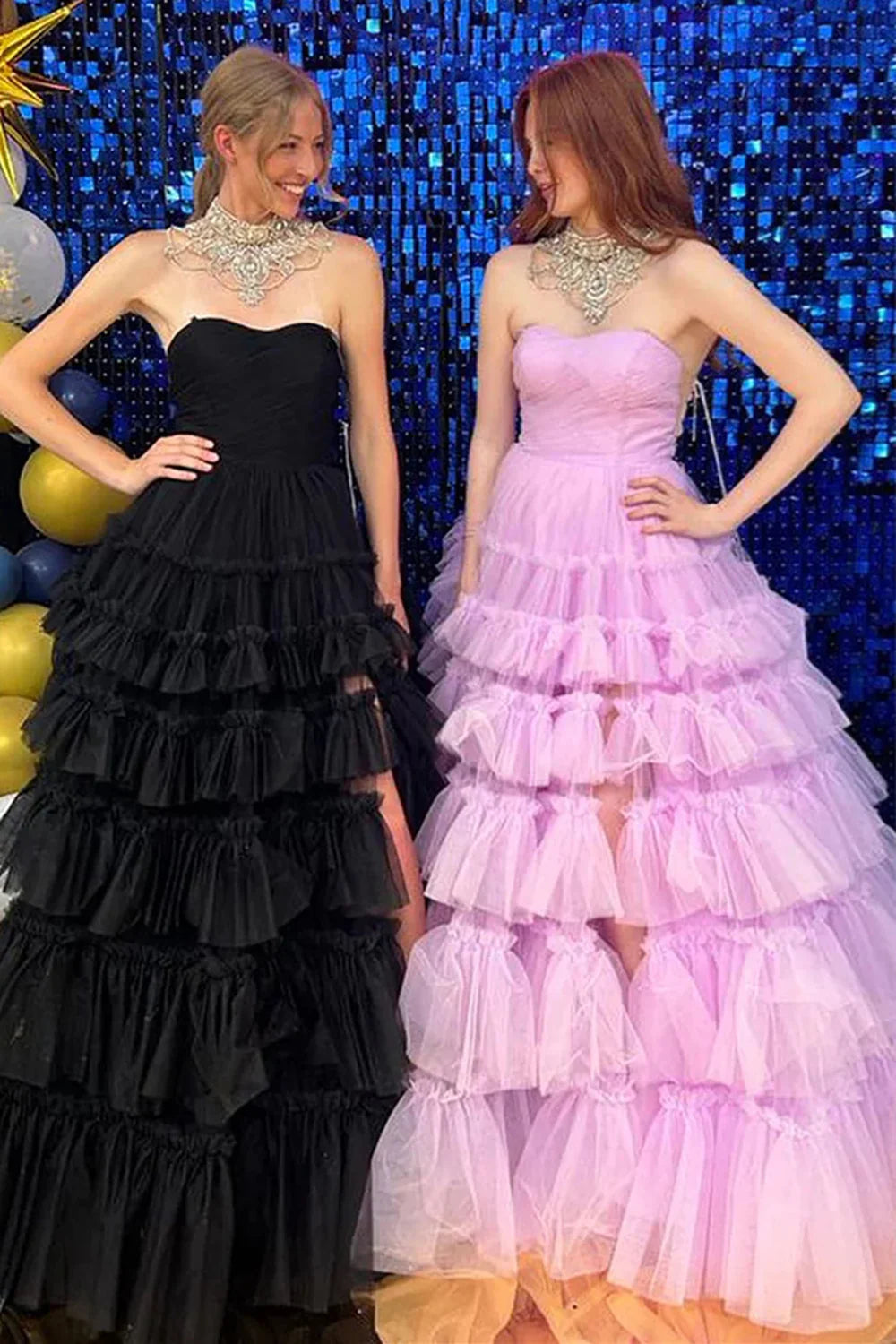 Stylish A Line Strapless Ruffles Tulle Tiered Pink Or Black Prom Dress