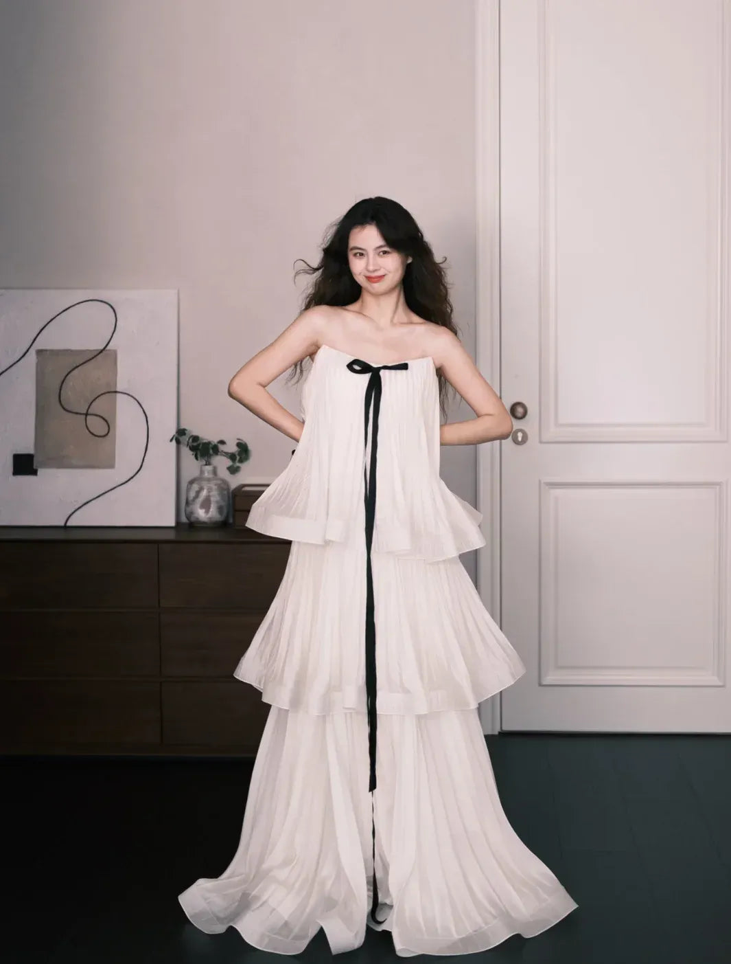 Stylish A Line Strapless Tiered Bow Chiffon White Floor Length Prom Dress