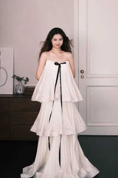 Stylish A Line Strapless Tiered Bow Chiffon White Floor Length Prom Dress