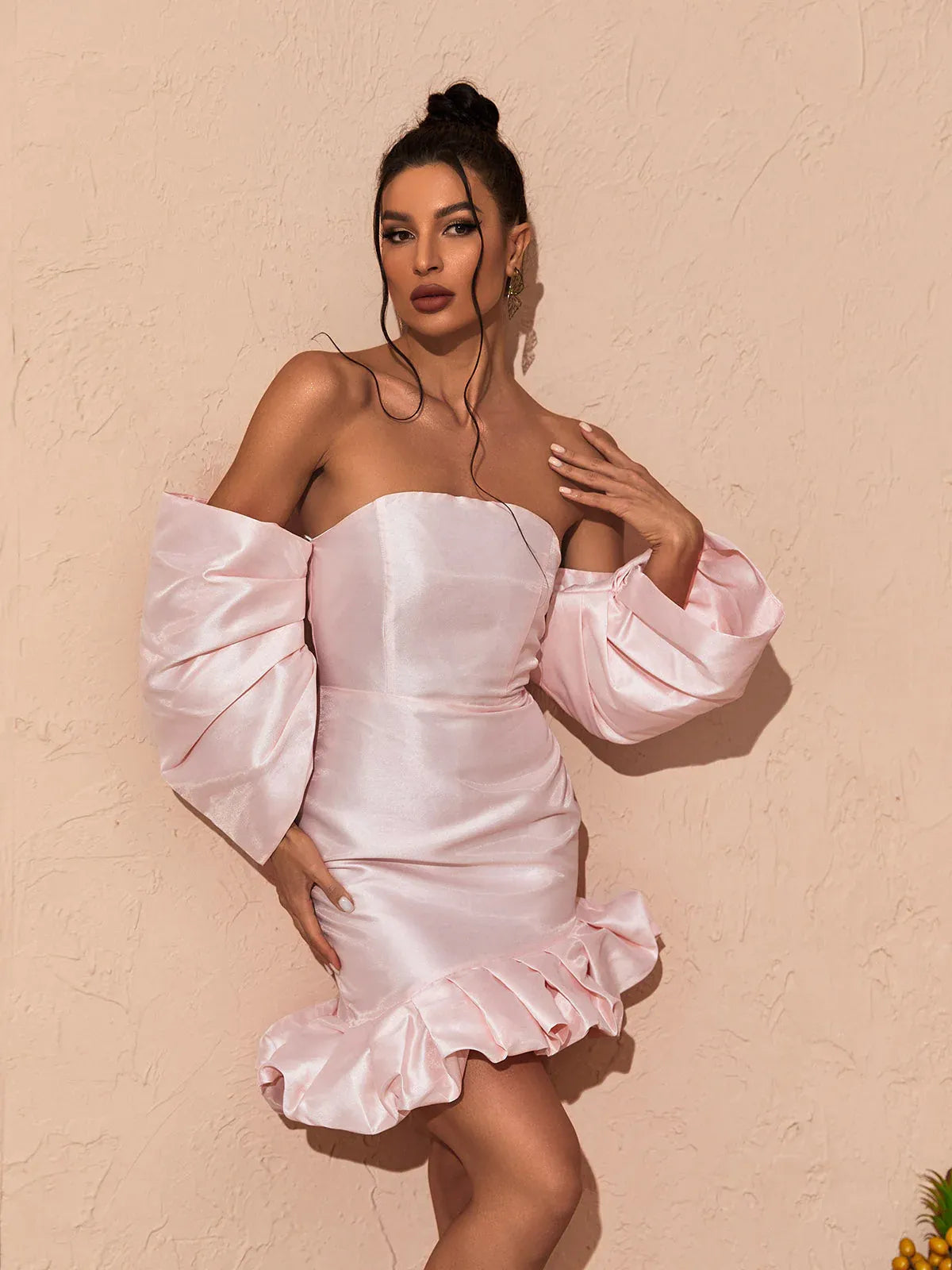 Stylish Bodycon Off-Shoulder Puff Ruffle Satin Pink Mini Homecoming Dress