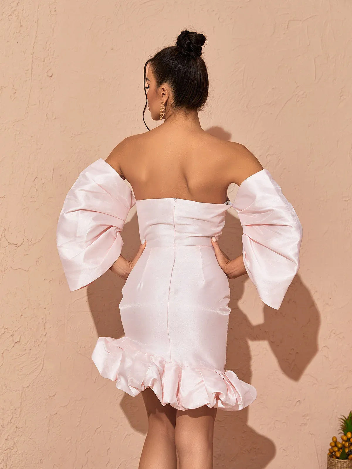 Stylish Bodycon Off-Shoulder Puff Ruffle Satin Pink Mini Homecoming Dress
