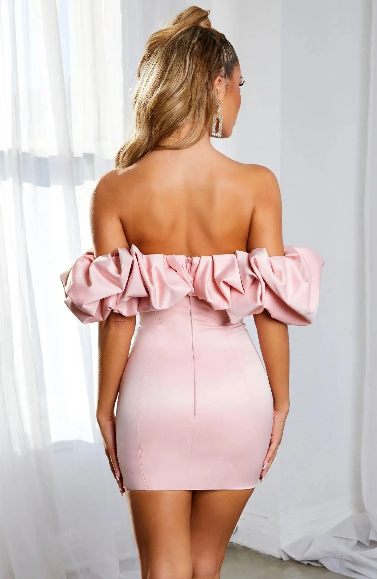 Stylish Bodycon Off-Shoulder Ruffle Satin Pink Mini Homecoming Dress Hot Sale