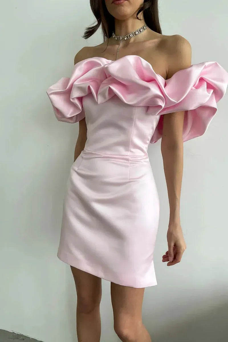 Stylish Bodycon Off-Shoulder Ruffle Satin Pink Mini Homecoming Dress Hot Sale