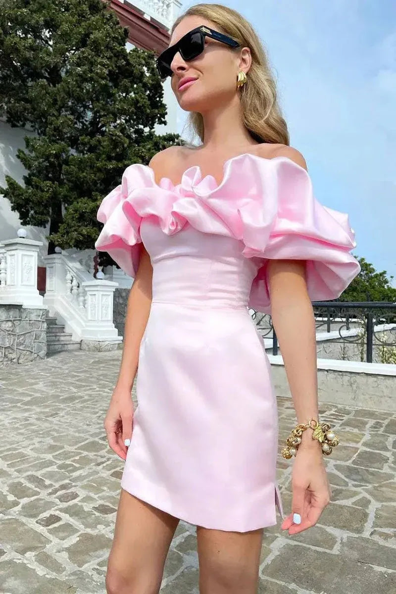 Stylish Bodycon Off-Shoulder Ruffle Satin Pink Mini Homecoming Dress Hot Sale