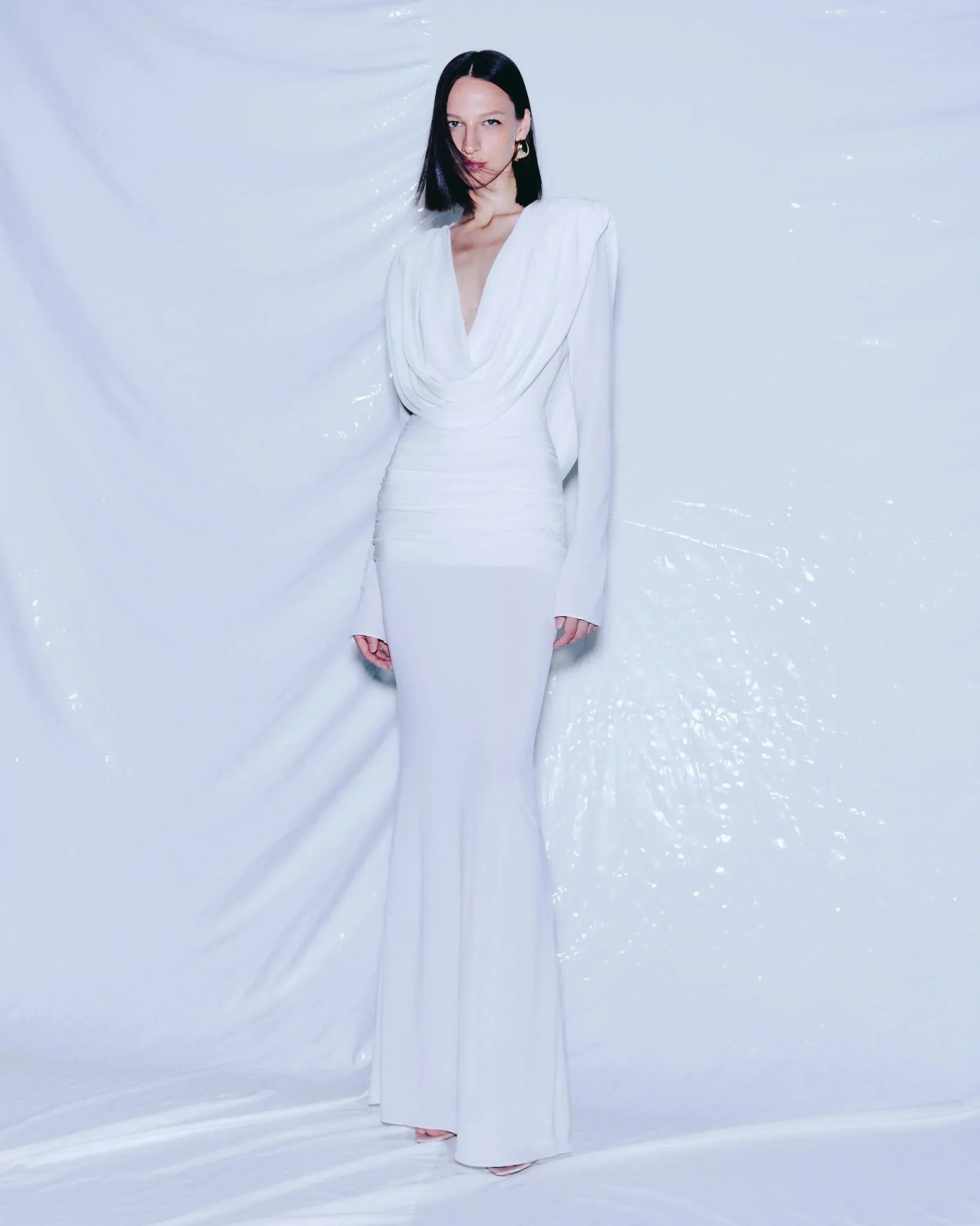 Stylish Deep V Neck Long-Sleeve Draped White Long Evening Dress For Women