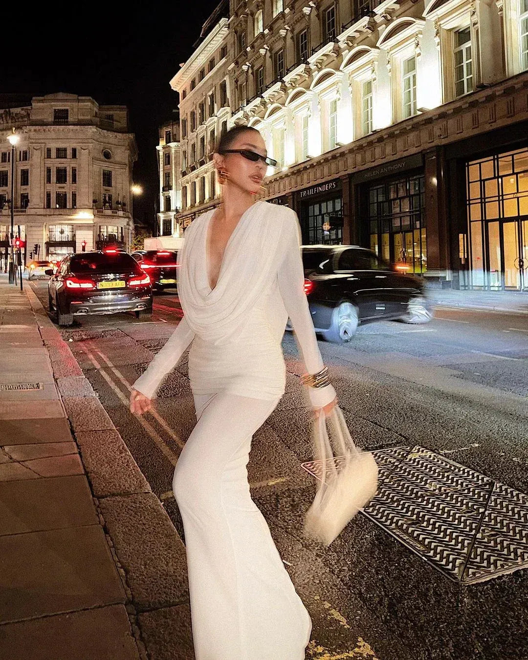 Stylish Deep V Neck Long-Sleeve Draped White Long Evening Dress For Women