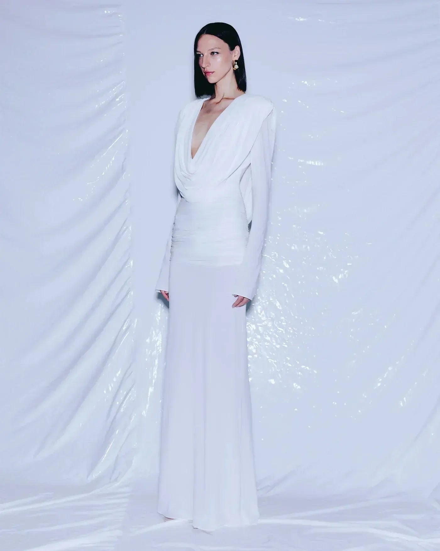 Stylish Deep V Neck Long-Sleeve Draped White Long Evening Dress For Women