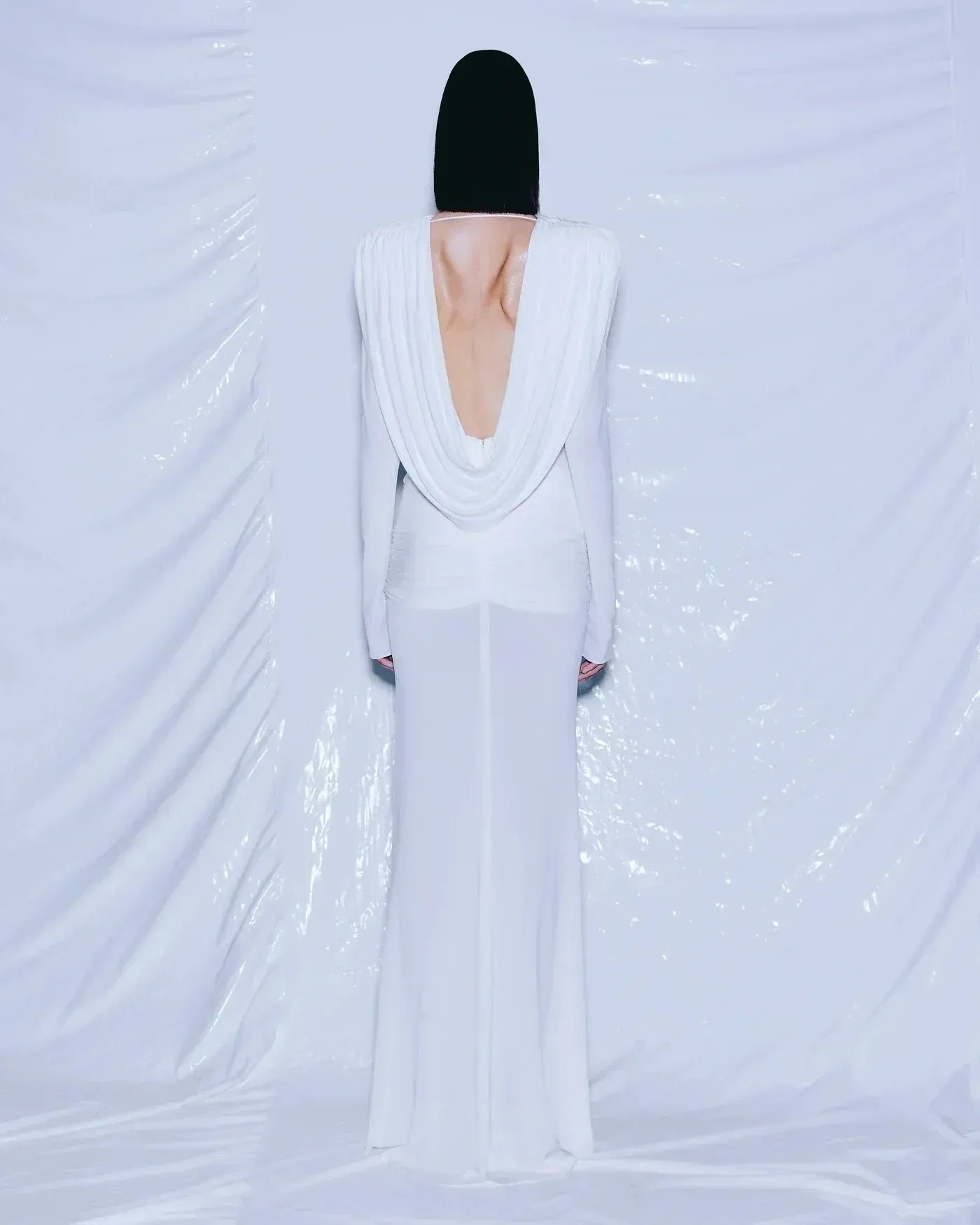 Stylish Deep V Neck Long-Sleeve Draped White Long Evening Dress For Women