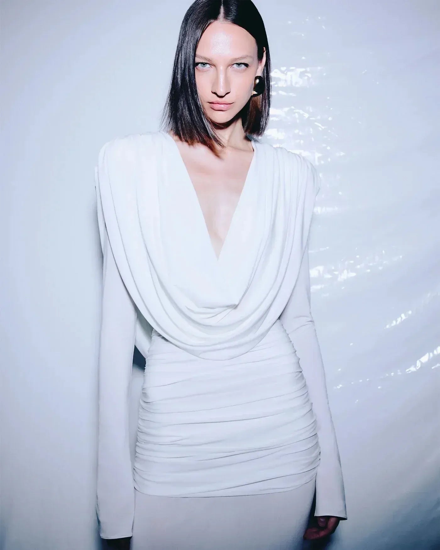 Stylish Deep V Neck Long-Sleeve Draped White Long Evening Dress For Women