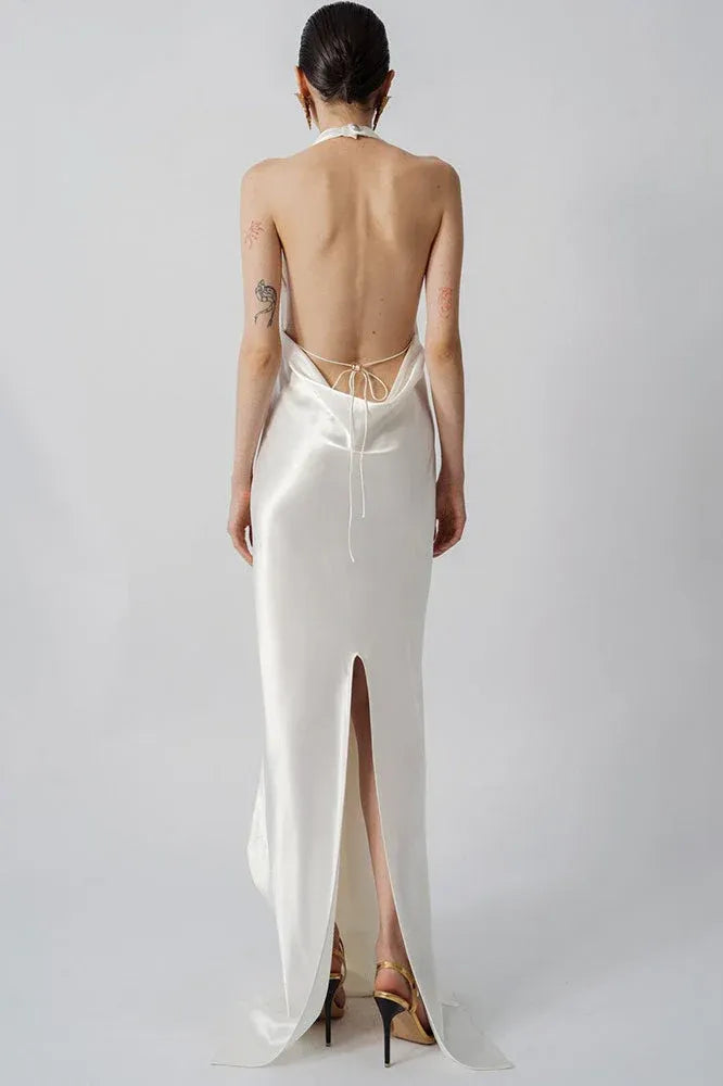 Stylish Halter Draped Neck Backless Tie Ivory Floor-Length Prom Dress With Back Slit