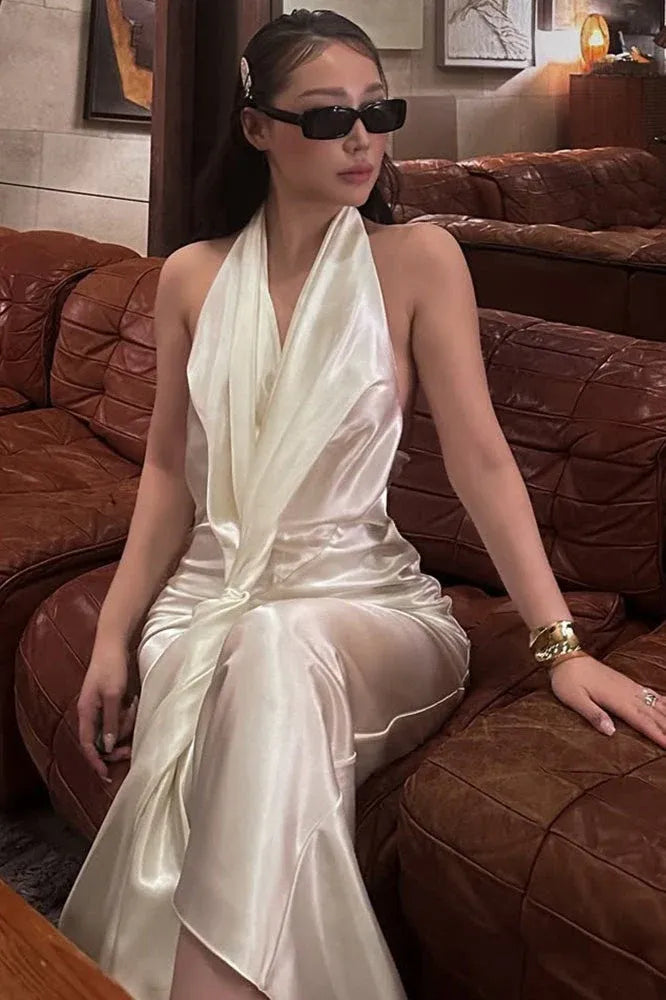 Stylish Halter Draped Neck Backless Tie Ivory Floor-Length Prom Dress With Back Slit
