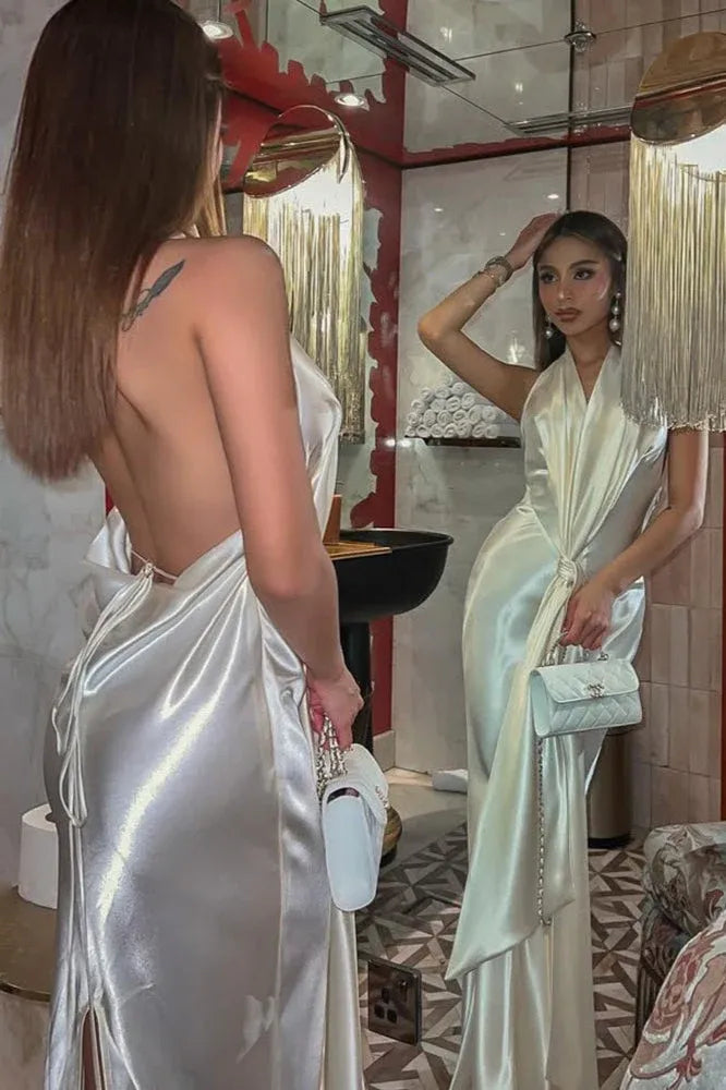 Stylish Halter Draped Neck Backless Tie Ivory Floor-Length Prom Dress With Back Slit
