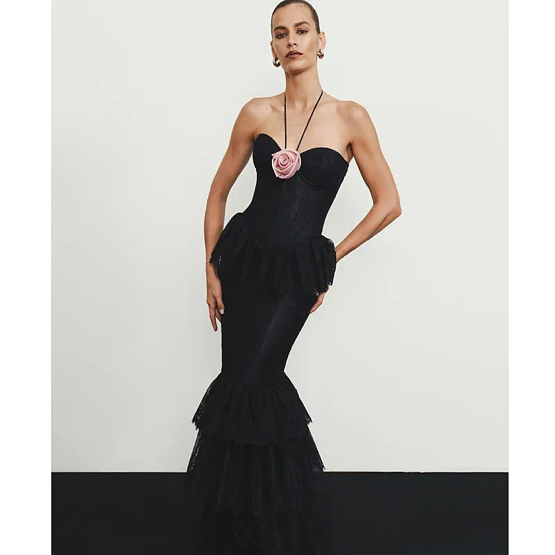 Stylish Mermaid Halter Tiered Ruffle Lace Flowers Black Long Prom Dress